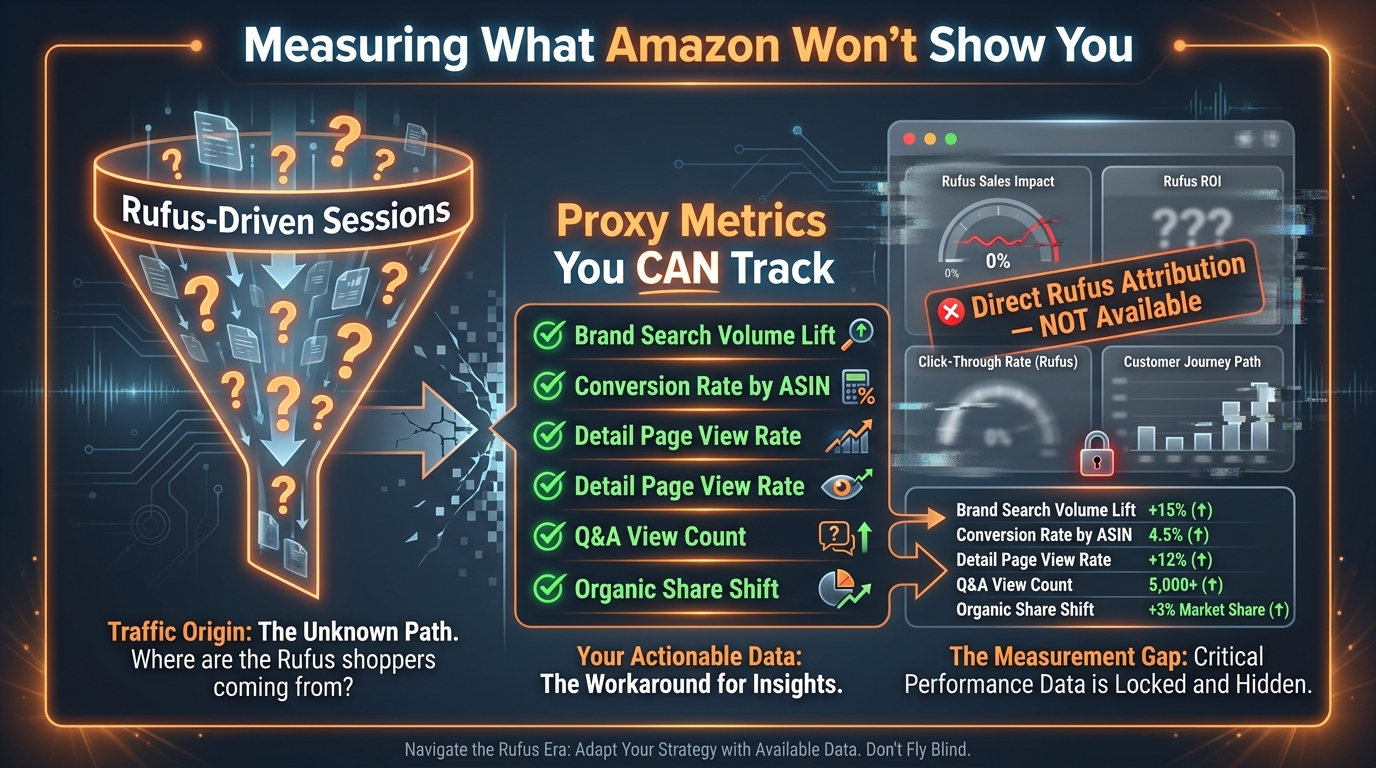 Infographic showing the Amazon Rufus analytics gap and the proxy metrics sellers can track to measure AI-mediated discovery impact on their catalog