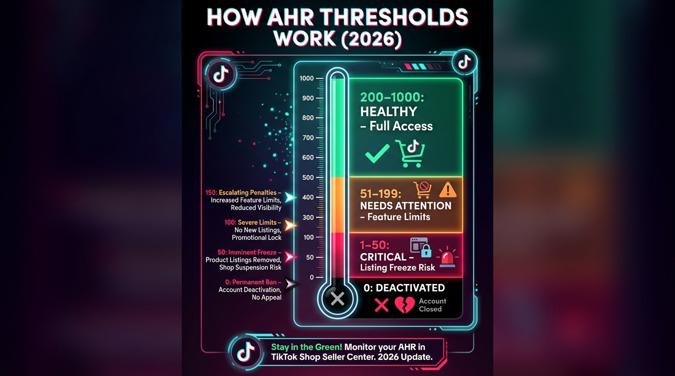TikTok Shop Account Health Rating AHR scale from 0 to 1000 showing green healthy zone at 200-1000, orange needs attention at 51-199, red critical zone, and deactivated at 0