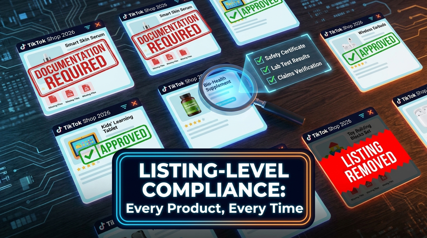 Product compliance documentation for TikTok Shop listings showing safety certificates required for health products electronics and children's items with approved and documentation required stamps