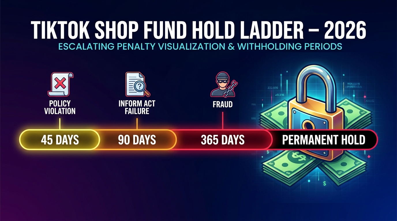 TikTok Shop fund withholding penalty ladder showing 45-day hold for policy violations, 90-day hold for INFORM Act failure, 365-day hold for serious violations, and permanent hold for fraud