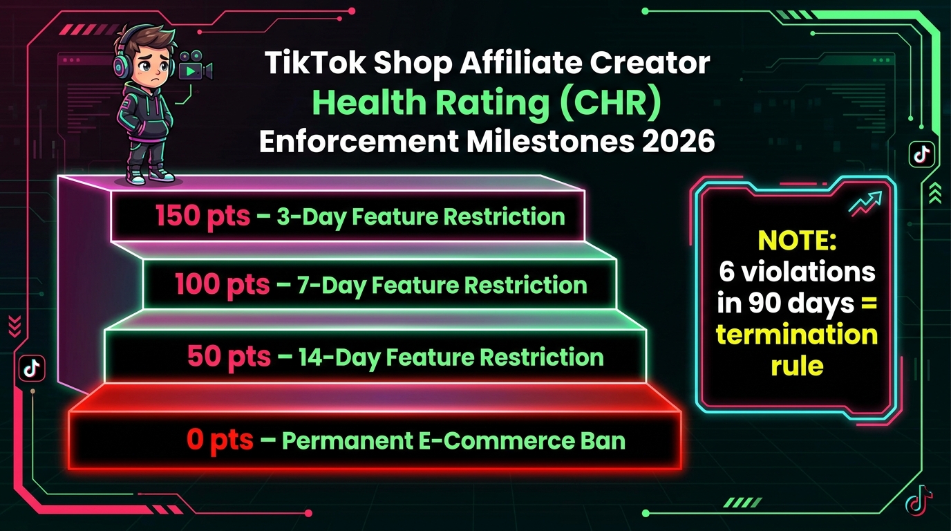 Creator Health Rating CHR staircase showing milestone penalties at 150 points 3-day restriction, 100 points 7-day restriction, 50 points 14-day restriction, and 0 points permanent e-commerce ban