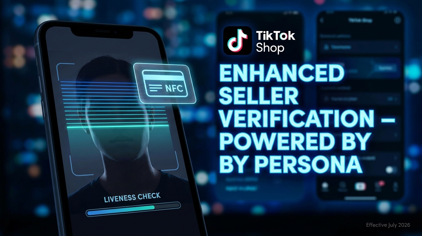 TikTok Shop enhanced identity verification with Persona facial scan biometric check and NFC ID verification effective July 2026