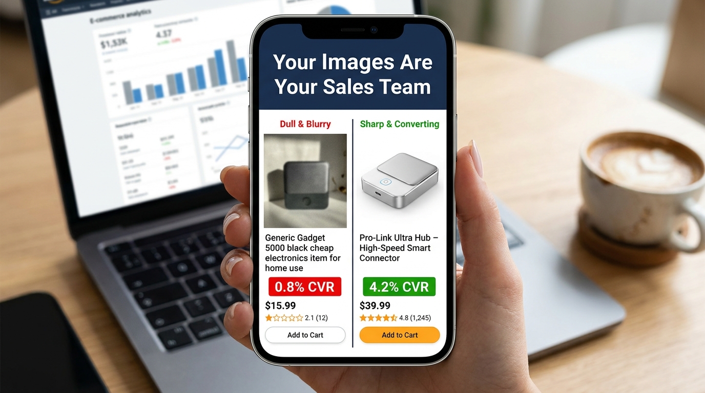 Split-screen Amazon listing comparison showing low vs high converting product images with CVR data