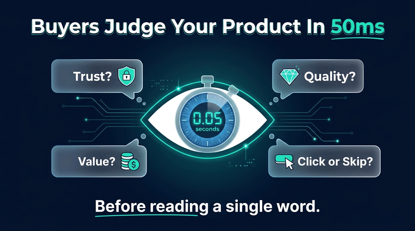 Infographic showing the 50ms buyer psychology principle — buyers judge products before reading any copy