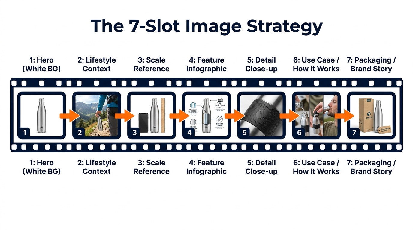 Infographic diagram showing Amazon's 7-image slot strategy mapped to the buyer journey