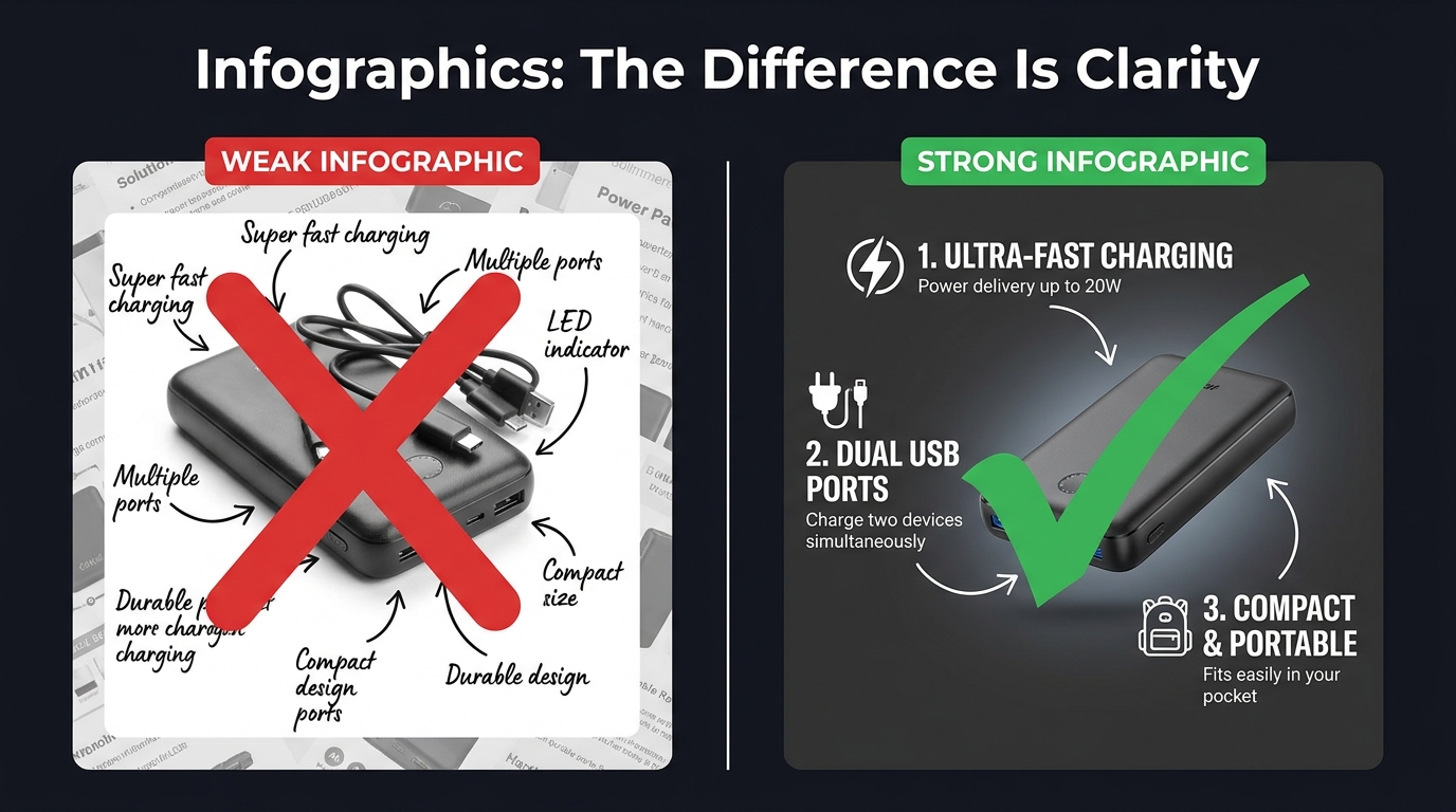 Comparison of weak vs strong Amazon product infographics showing clarity and text legibility differences