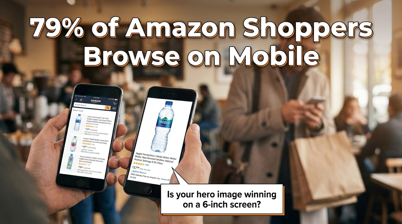 Mobile phone mockup showing Amazon product listing optimization for mobile shoppers with 79% mobile stat