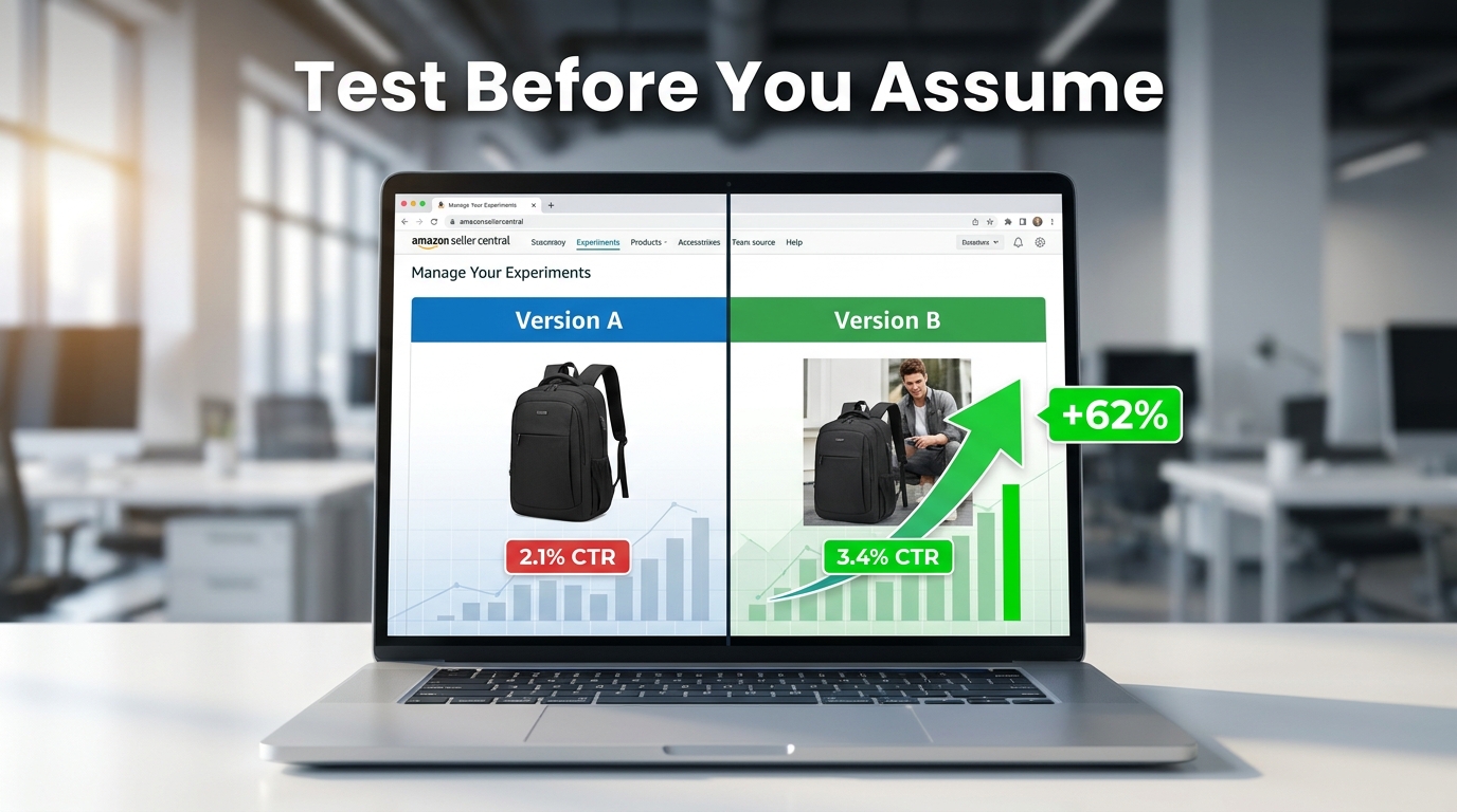 Amazon Seller Central Manage Your Experiments A/B testing dashboard showing Version B winning with 62% higher CTR