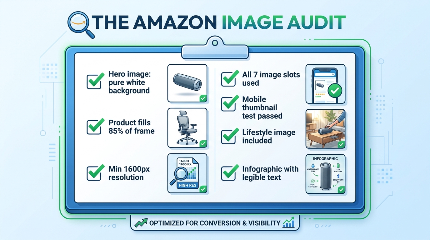 Amazon listing image audit checklist showing all required image optimization criteria with green checkmarks