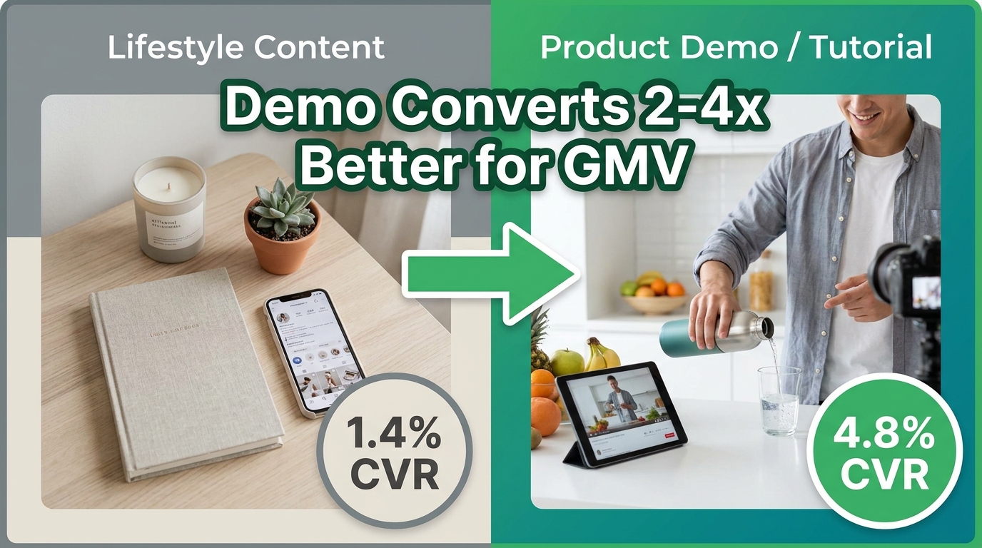 Side-by-side comparison: Lifestyle content at 1.4% CVR vs Product Demo/Tutorial at 4.8% CVR — demo converts 2-4x better for GMV