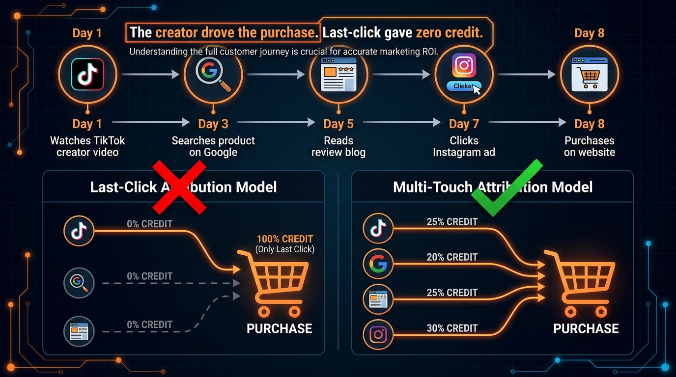 Attribution gap infographic: Customer journey from TikTok creator video to purchase — last-click gives zero credit to creator while multi-touch attribution properly distributes credit