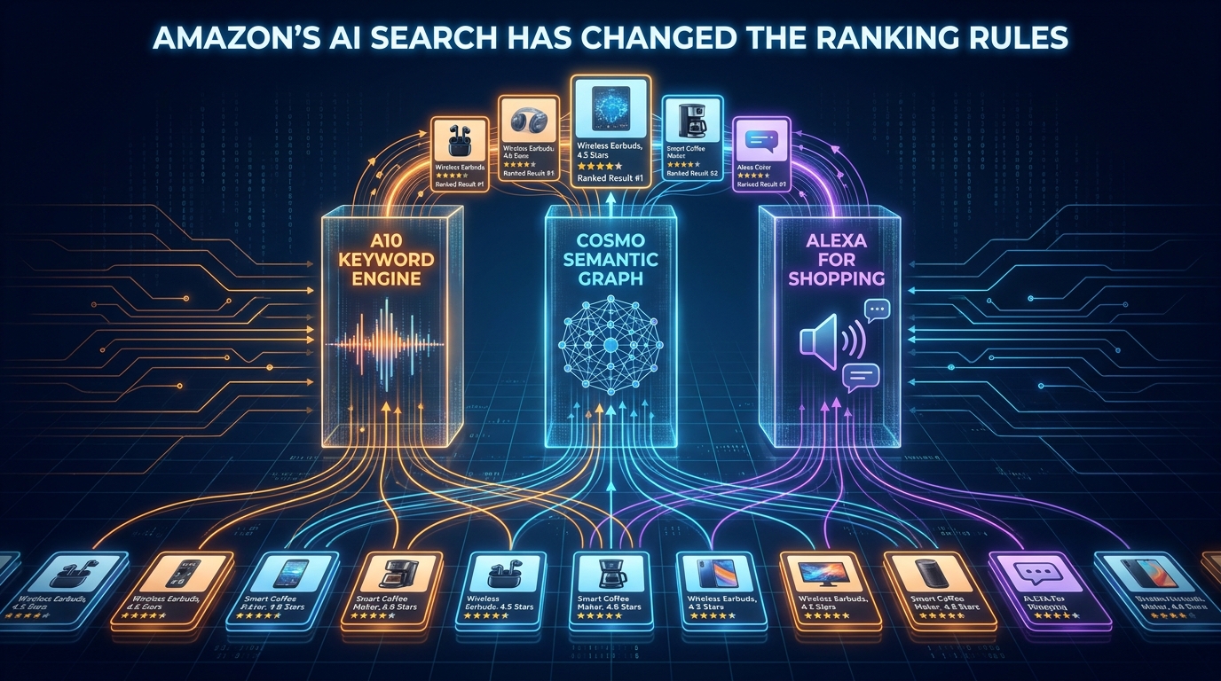 Amazon's three-layer AI search stack: A10 Keyword Engine, COSMO Semantic Graph, and Alexa for Shopping — a technical visualization of how Amazon ranks product listings in 2026