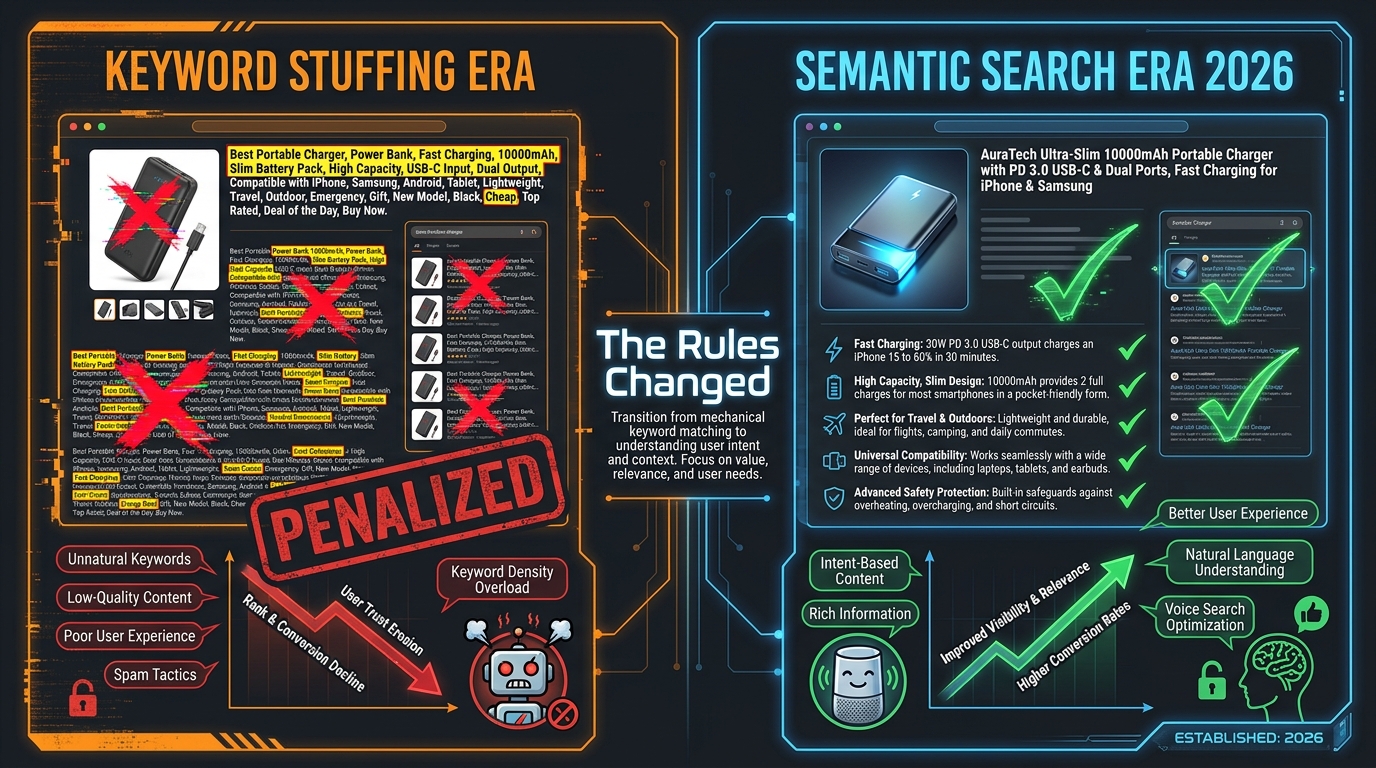 Comparison infographic: keyword stuffing era vs semantic search era 2026 — showing why traditional Amazon listing optimization is losing ground to intent-based AI search
