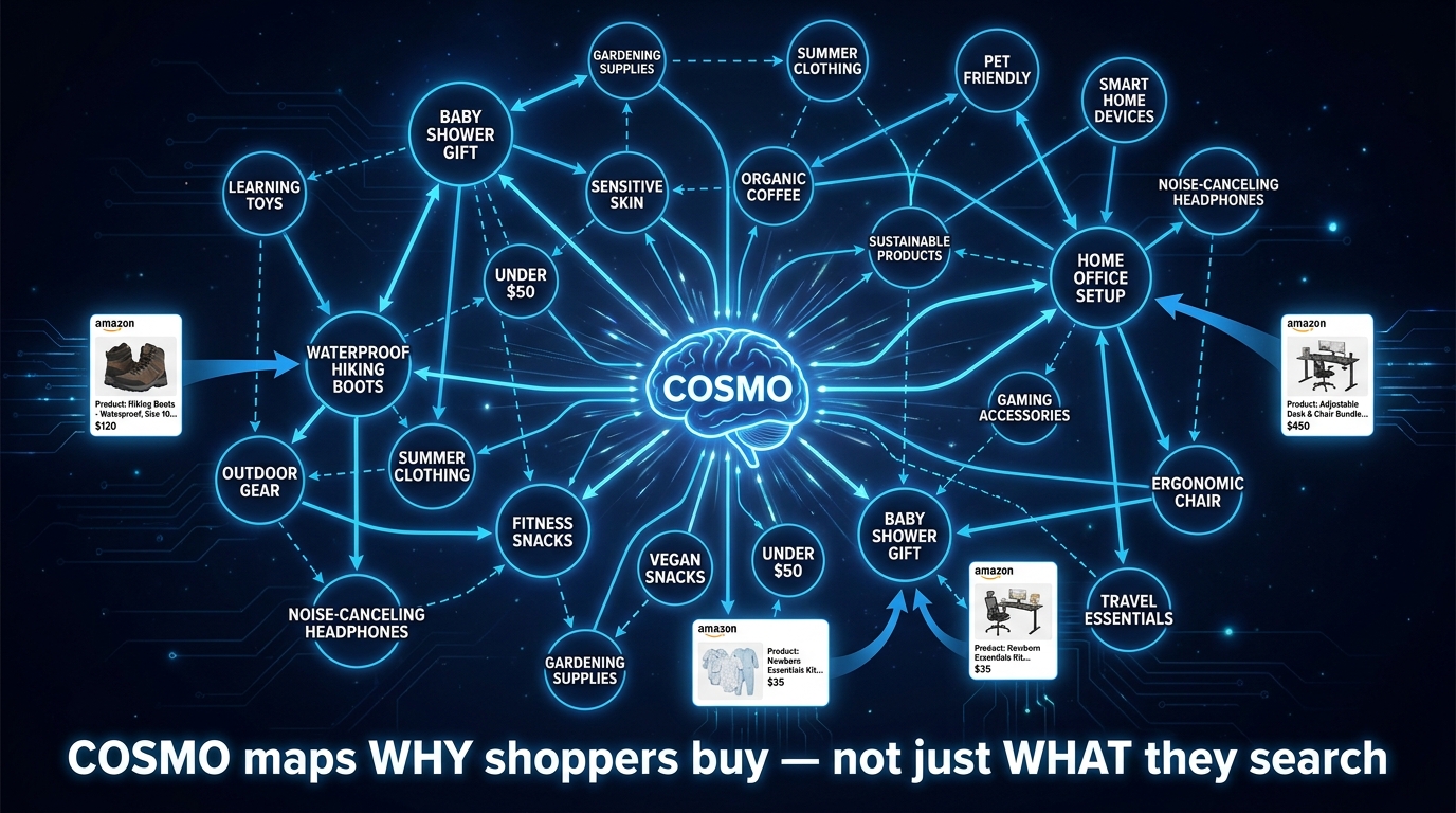 Amazon COSMO knowledge graph diagram showing semantic relationships between shopping intent nodes, product categories, and buyer use cases