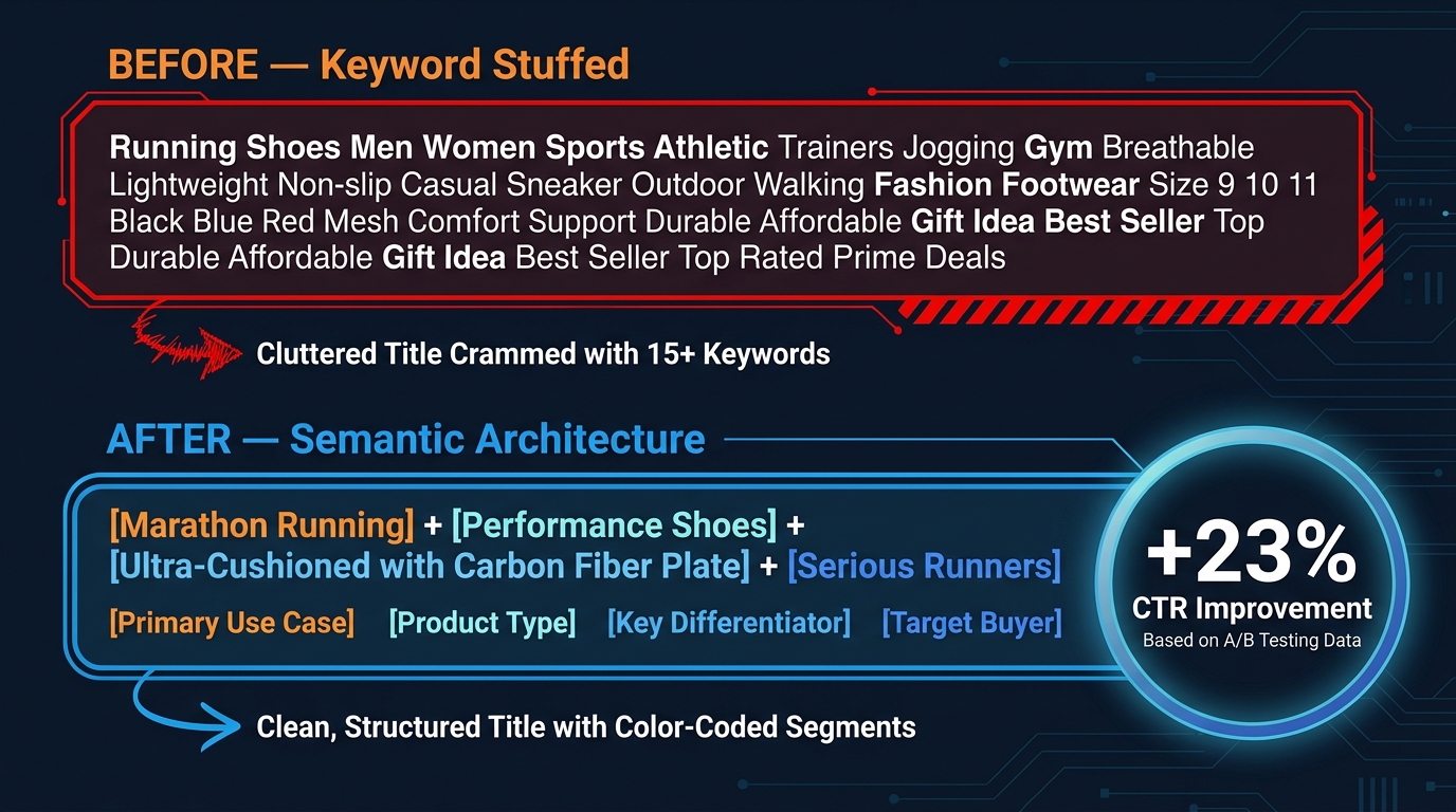 Before and after comparison of Amazon product listing title optimization — keyword stuffed vs semantic architecture approach showing CTR improvement