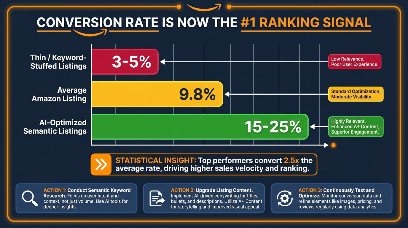 Amazon conversion rate benchmarks bar chart — thin listings 3-5%, marketplace average 9.8%, AI-optimized listings 15-25% — showing conversion rate as the number one ranking signal in 2026