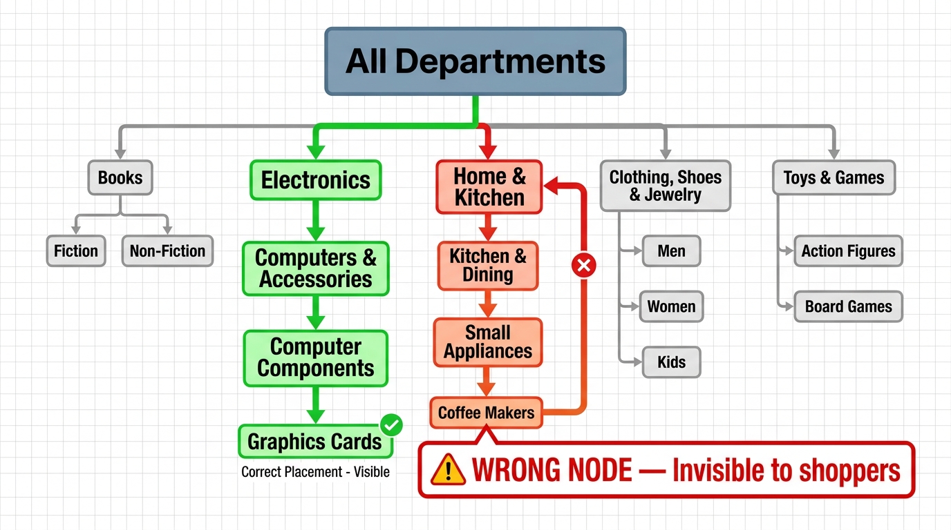 Amazon category hierarchy tree diagram showing correct and incorrect browse node placement