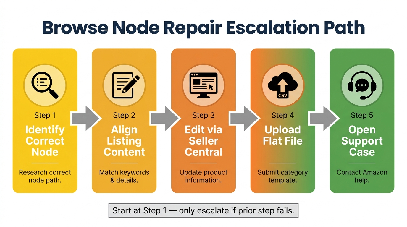 Browse node repair escalation path workflow diagram showing 5 steps from diagnosis to fix