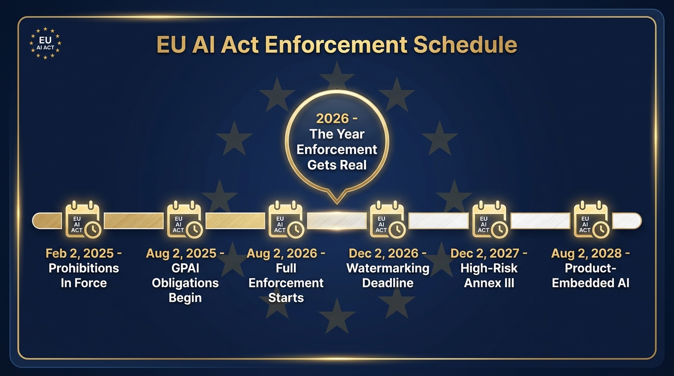 EU AI Act enforcement timeline infographic showing key dates from 2025 through 2028
