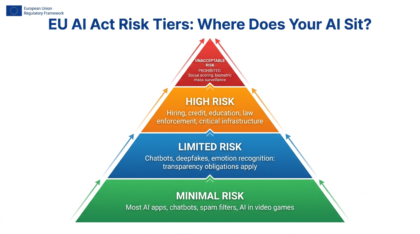 EU AI Act four-tier risk classification pyramid showing minimal, limited, high-risk, and prohibited AI categories