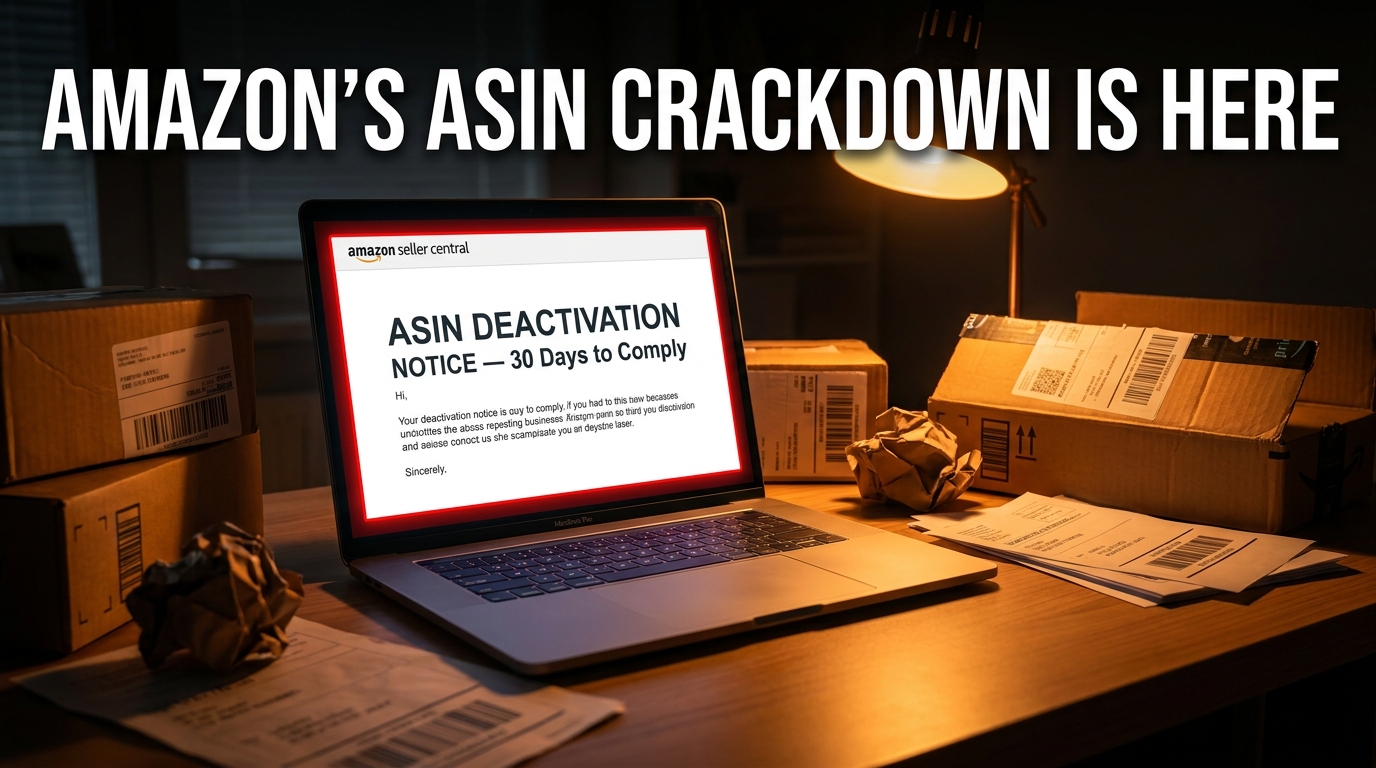 Amazon Seller Central showing an ASIN deactivation notice on a laptop screen surrounded by product boxes