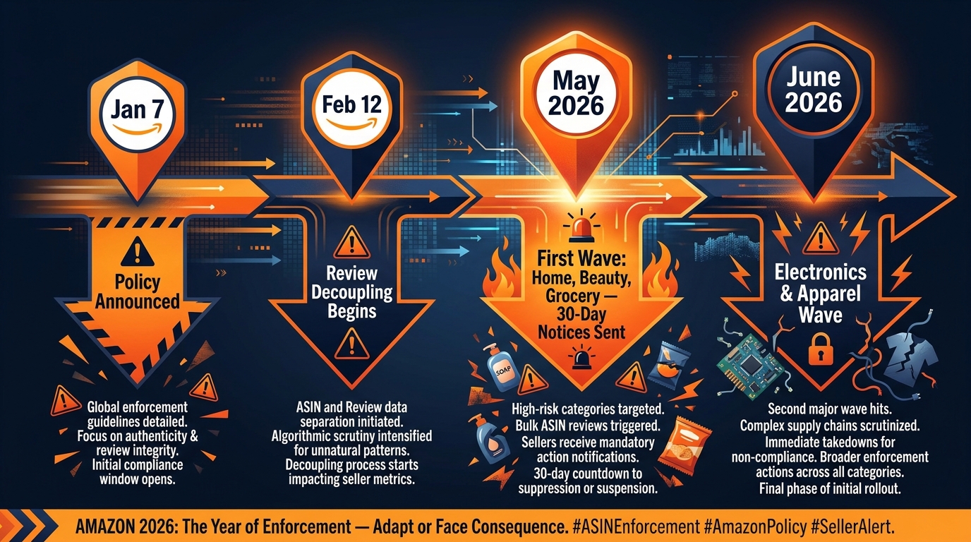 Timeline infographic showing Amazon ASIN enforcement milestones from January through June 2026