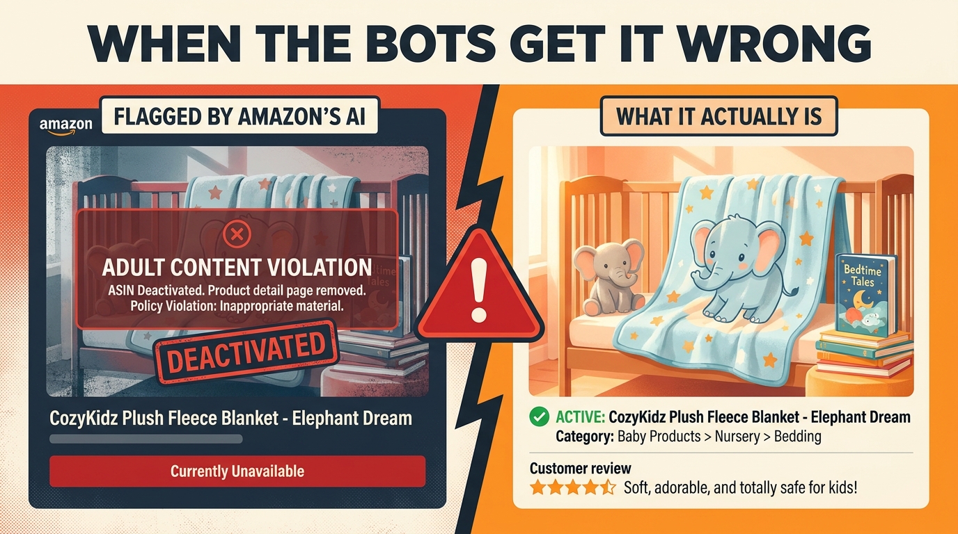 Split-screen comparison showing a children's blanket incorrectly flagged by Amazon's AI as adult content
