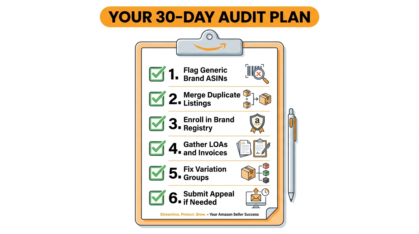 Six-step checklist infographic for Amazon sellers conducting a 30-day catalog audit