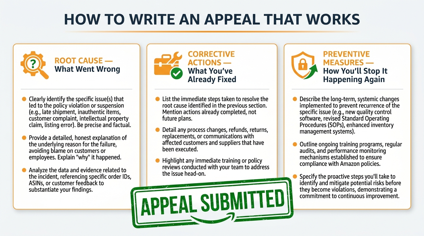 Infographic showing the three-part structure of an effective Amazon Plan of Action appeal