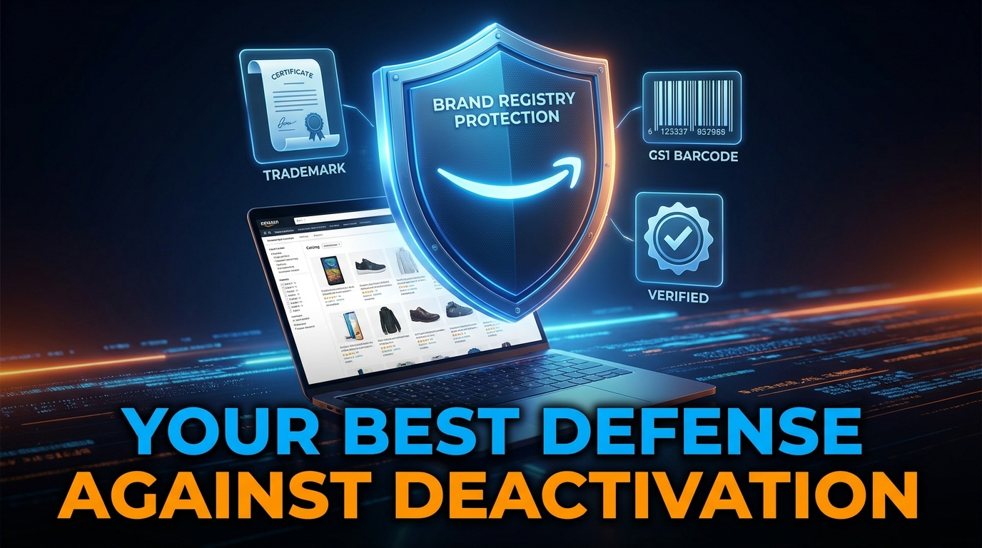 Amazon Brand Registry shield protecting product listings with trademark and GS1 barcode verification