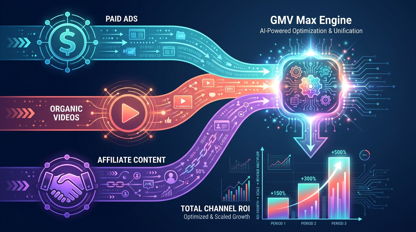 Infographic showing how GMV Max integrates paid ads, organic videos, and affiliate content into one unified TikTok Shop optimization engine