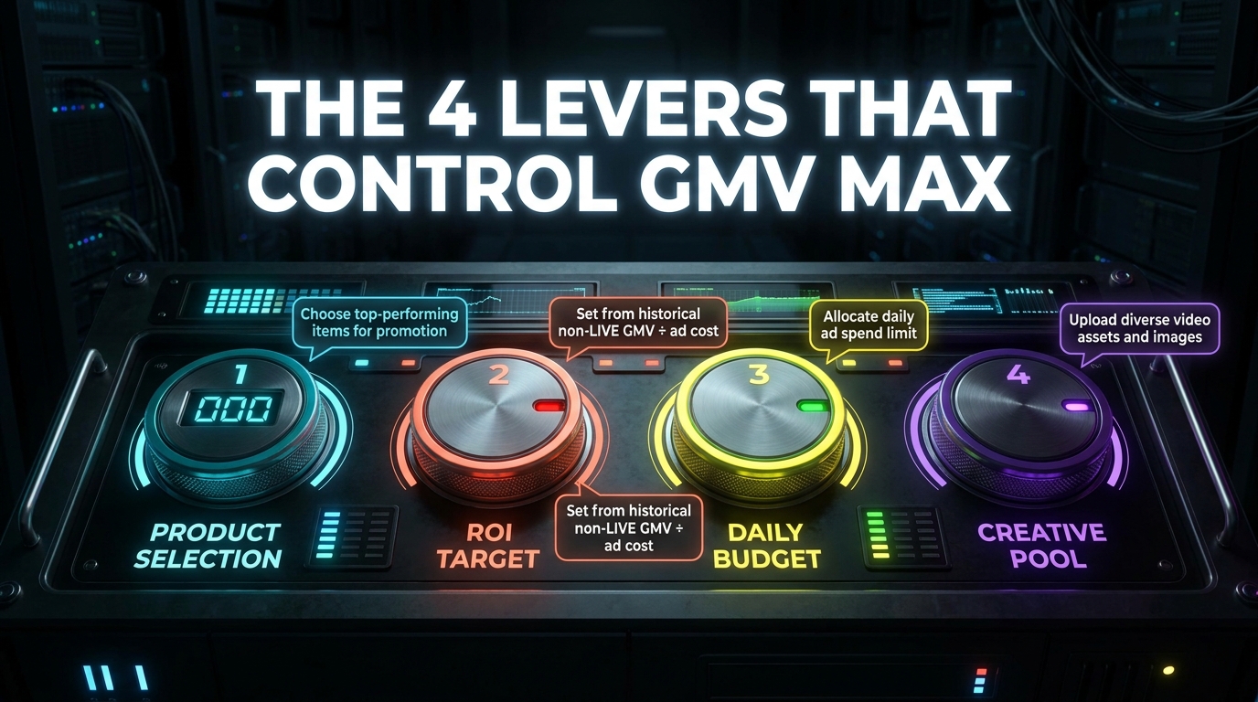 Four control dials representing the key GMV Max levers: product selection, ROI target, daily budget, and creative pool