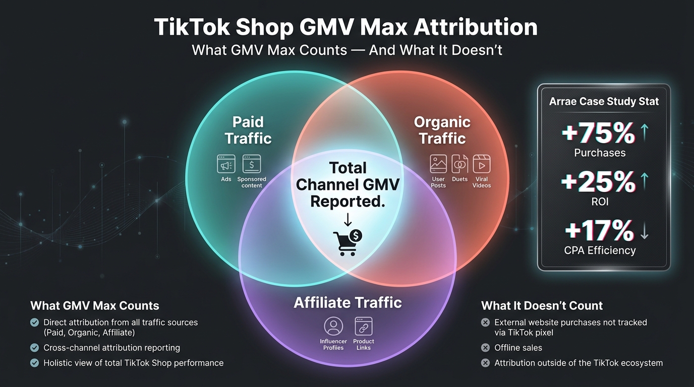 Venn diagram showing GMV Max attribution across paid, organic, and affiliate traffic alongside Arrae case study performance results