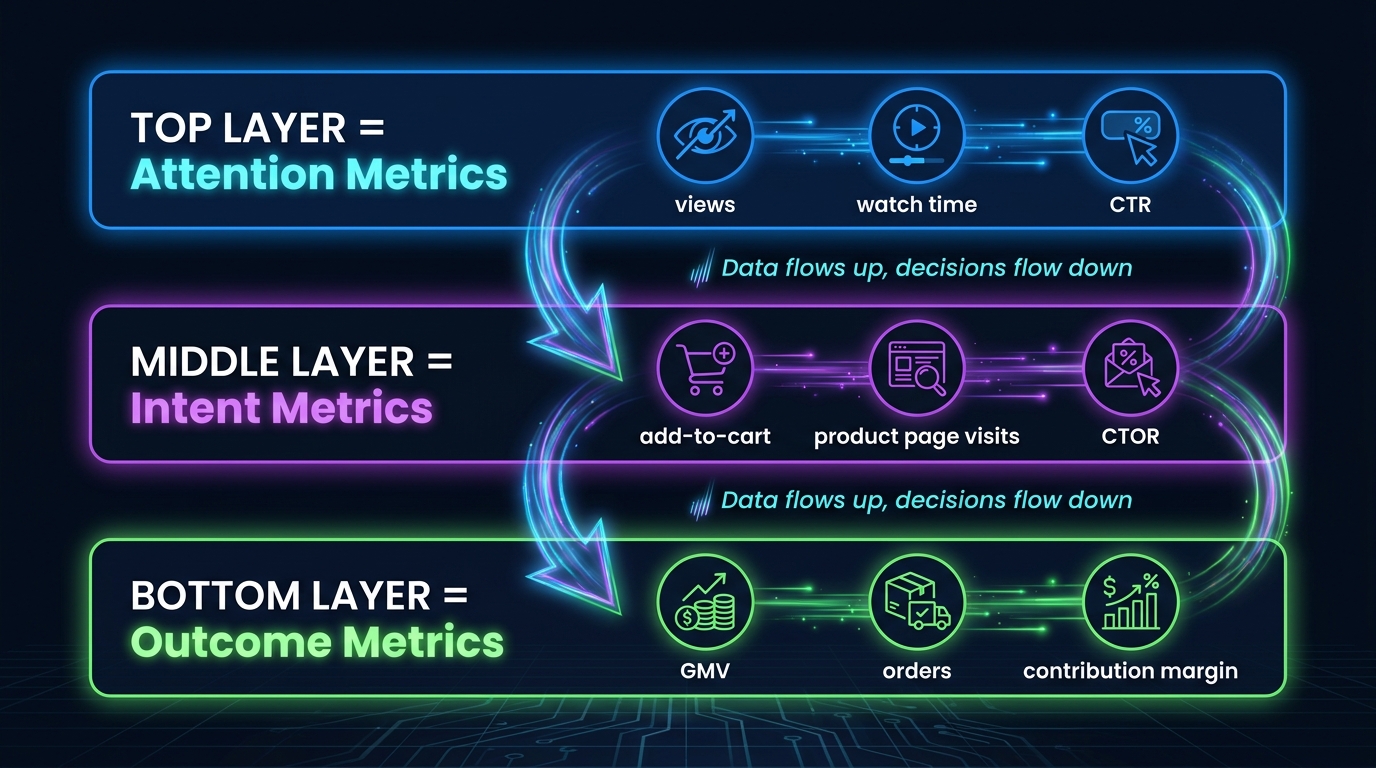 Three-layer TikTok Shop data architecture: Attention Metrics, Intent Metrics, and Outcome Metrics funnel diagram
