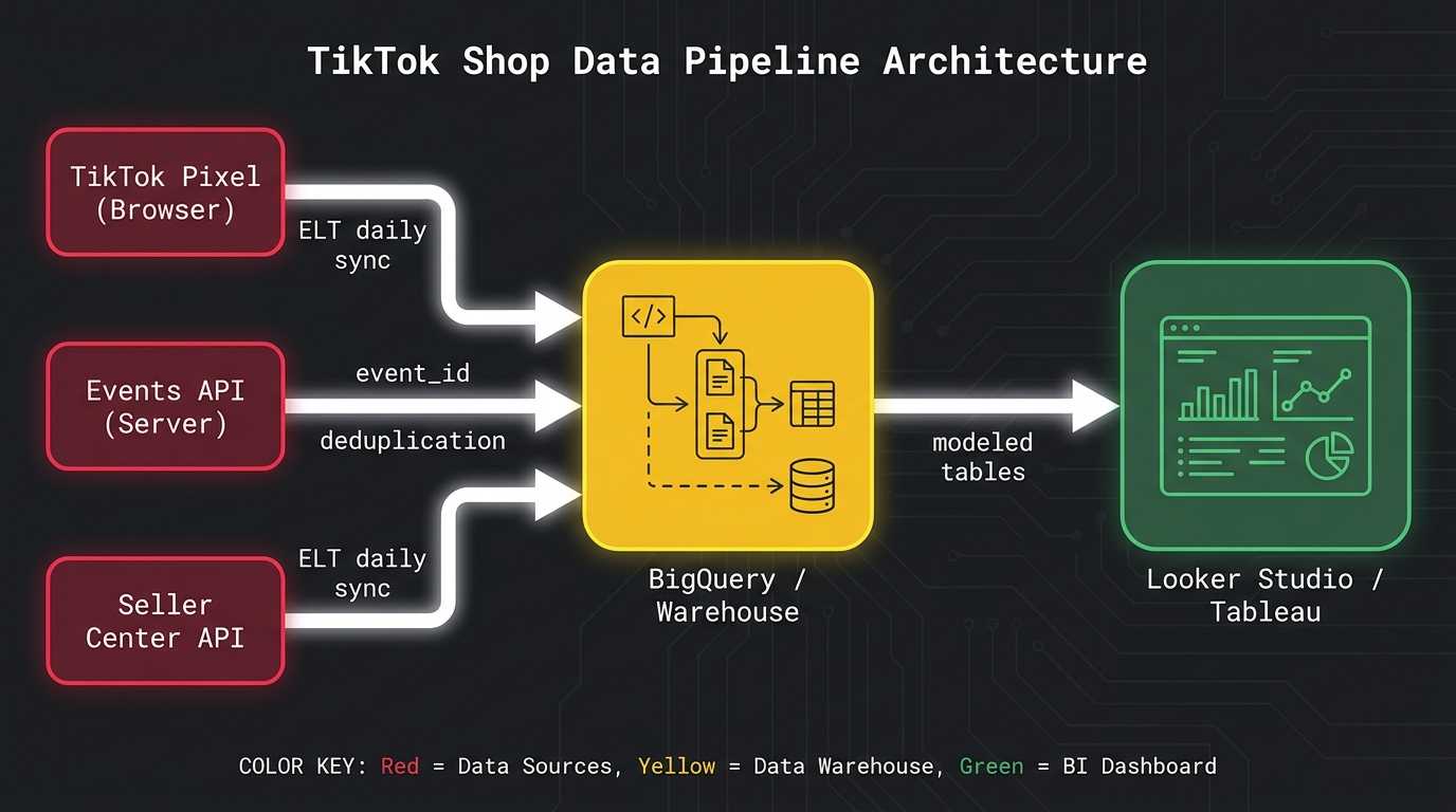 TikTok Shop data pipeline architecture diagram: Pixel, Events API, Seller Center API flowing into BigQuery warehouse and Looker Studio dashboard