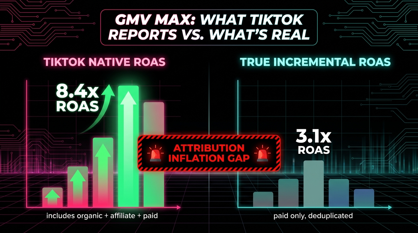 GMV Max attribution comparison: TikTok native ROAS 8.4x vs true incremental ROAS 3.1x showing attribution inflation gap