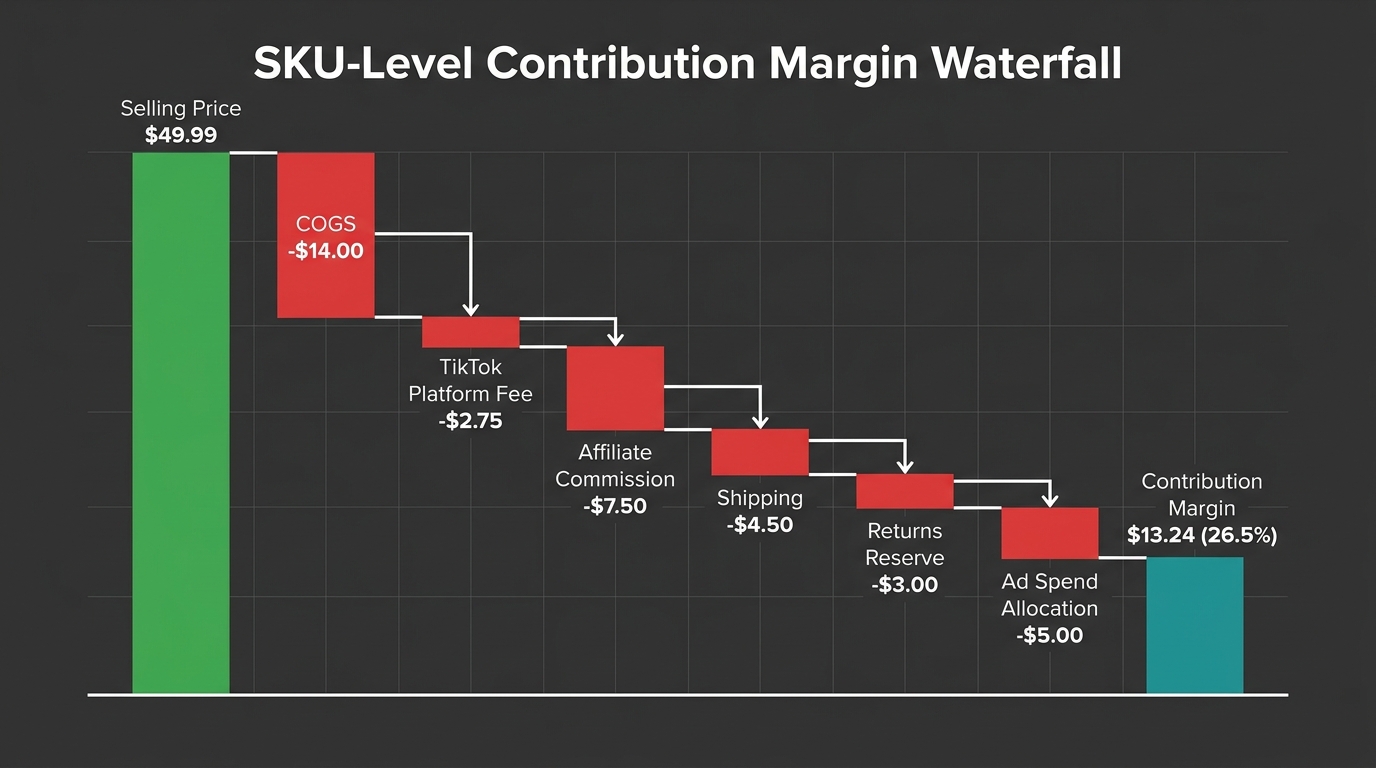 TikTok Shop SKU contribution margin waterfall chart showing selling price, COGS, platform fees, affiliate commission, shipping, and final margin