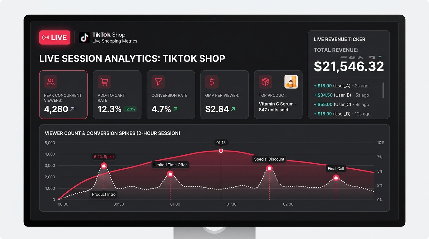 TikTok Shop Live Shopping analytics dashboard showing peak viewers, add-to-cart rate, conversion rate, and GMV per viewer metrics