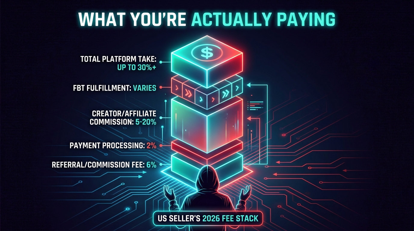 TikTok Shop 2026 full fee stack breakdown showing referral fees, payment processing, affiliate commissions, and total seller cost