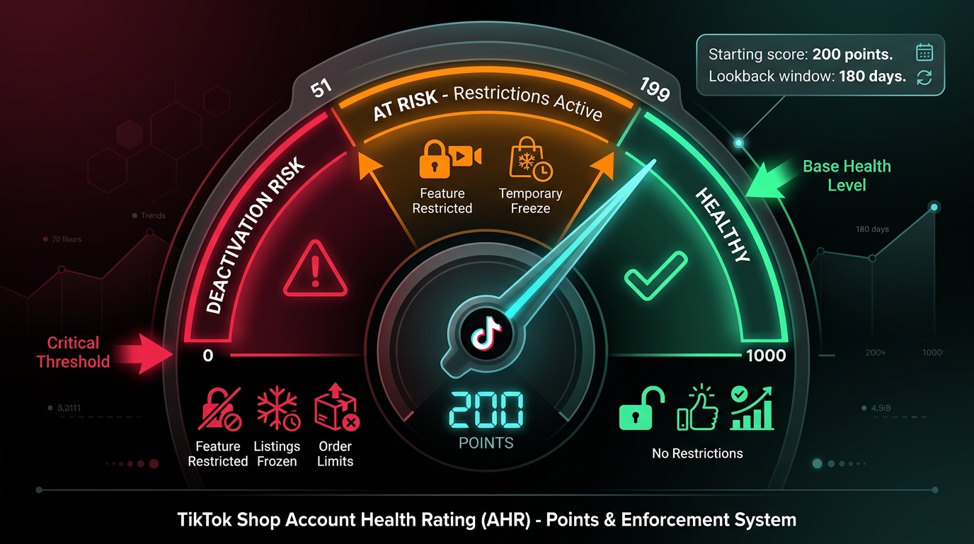 TikTok Shop Account Health Rating gauge showing 0-1000 point scale with red, orange, and green zones and enforcement thresholds