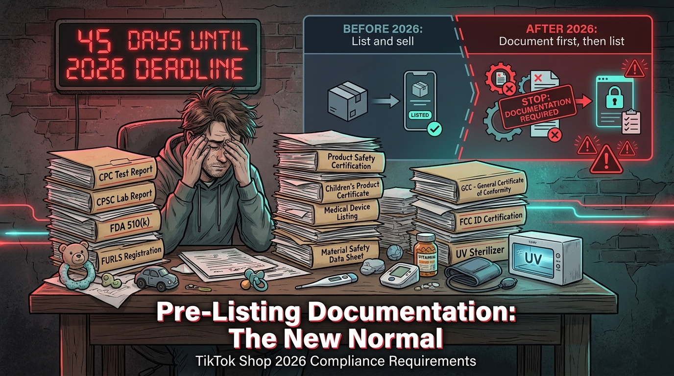 TikTok Shop seller surrounded by product compliance documents including CPC test reports, FDA filings, and CPSC lab reports with 45-day countdown clock