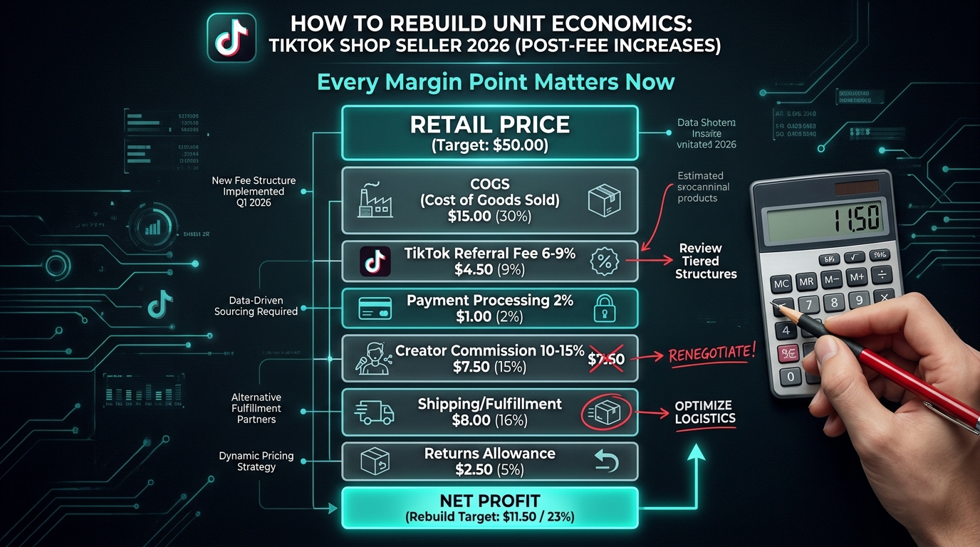 TikTok Shop seller unit economics breakdown showing product cost, referral fees, payment processing, creator commissions, shipping and returns leading to net profit margin