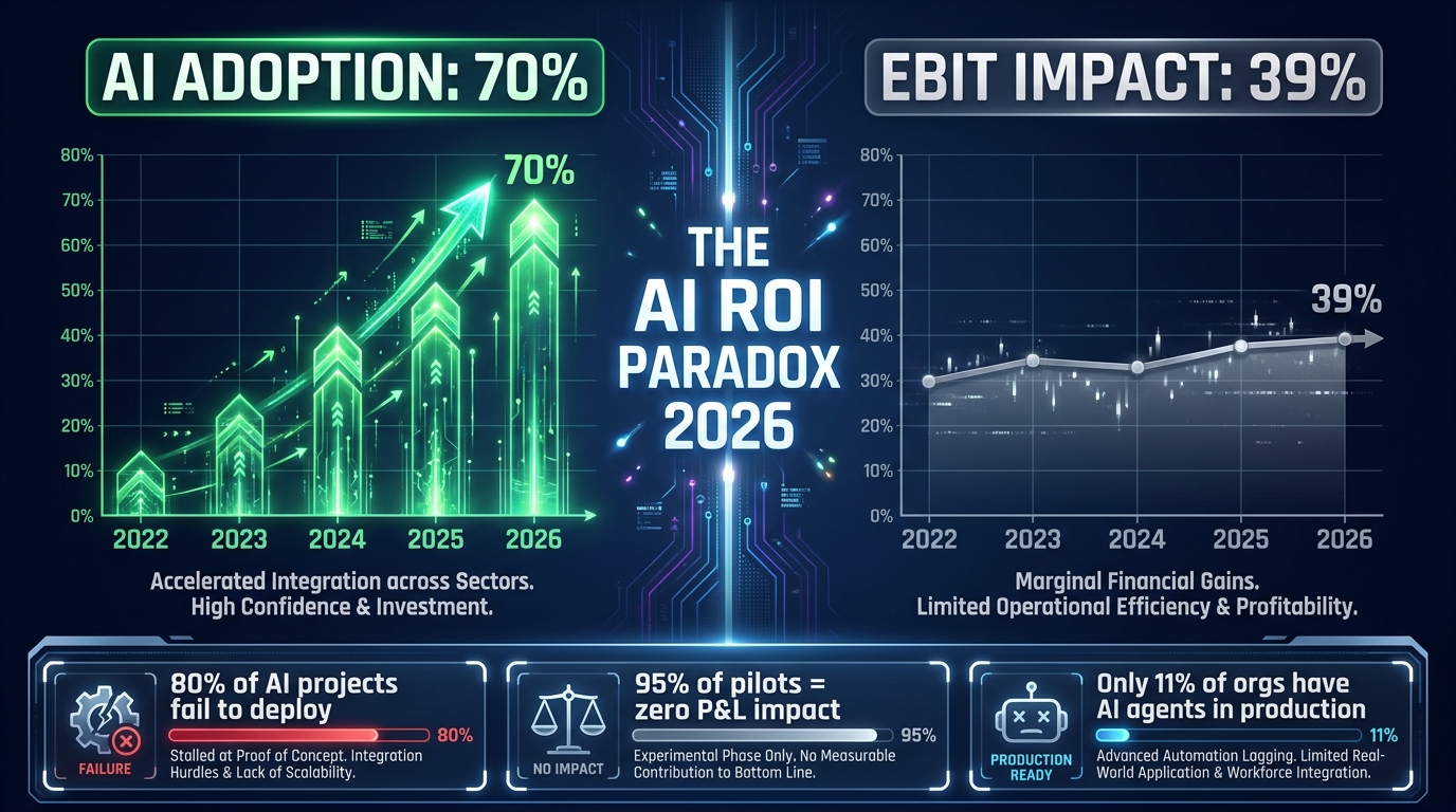 The AI ROI Paradox 2026: 70% adoption vs 39% EBIT impact split-screen infographic