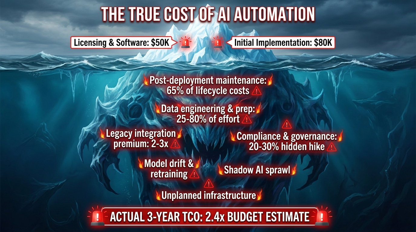The True Cost of AI Automation iceberg diagram showing hidden TCO costs below the waterline