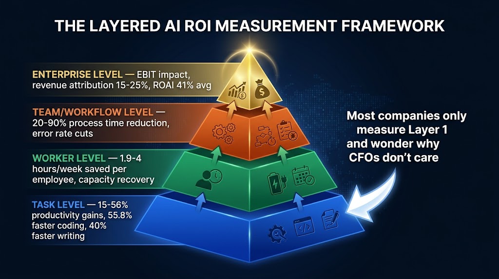 Four-layer AI ROI measurement pyramid from task level through enterprise level