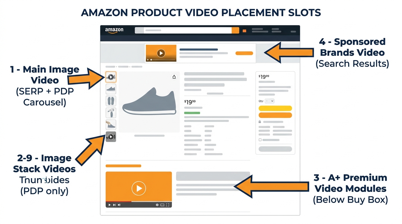 Diagram of Amazon product listing page showing the four distinct video placement slots with labeled callout arrows