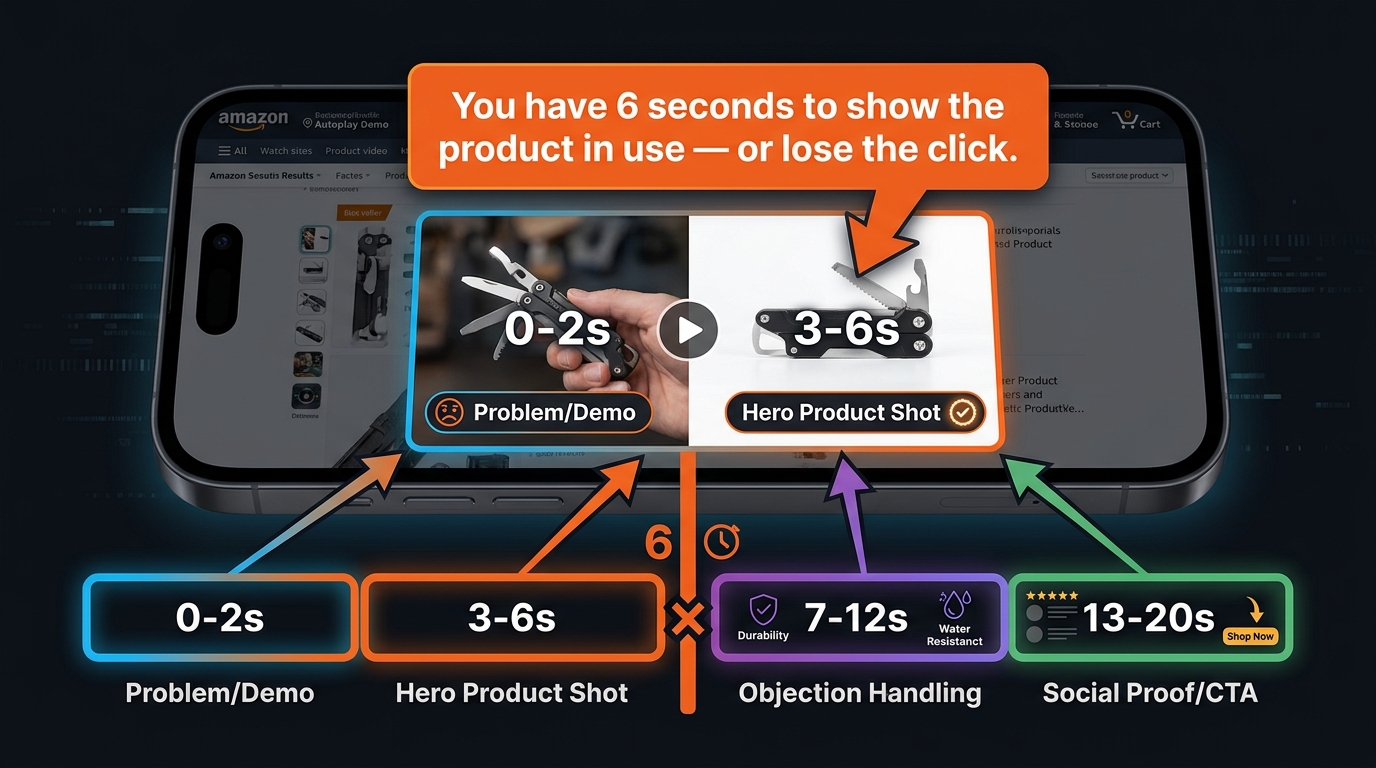 Smartphone showing Amazon SERP with product video autoplaying and the 6-second rule timeline overlay