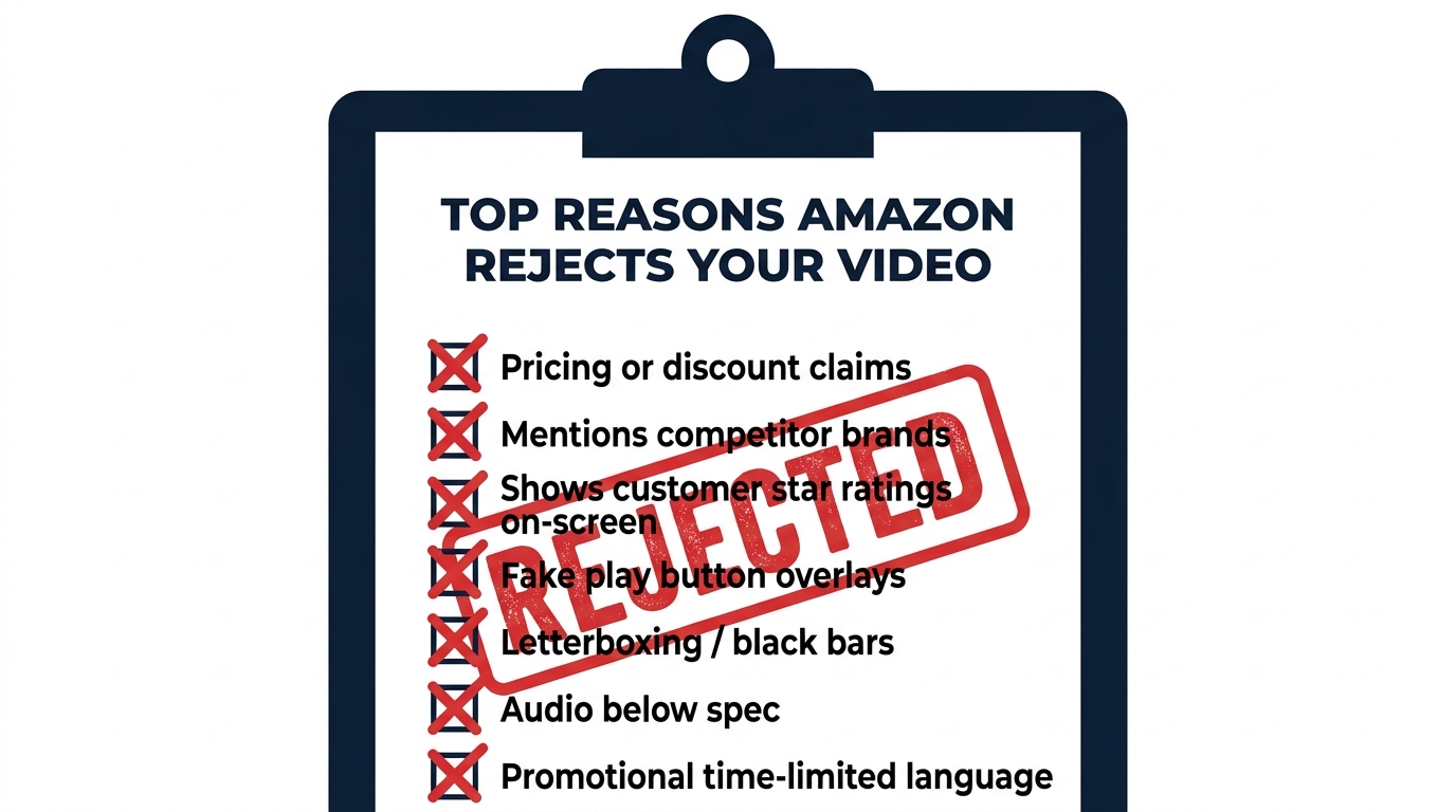 Checklist of top Amazon video rejection reasons with red X marks against each violation
