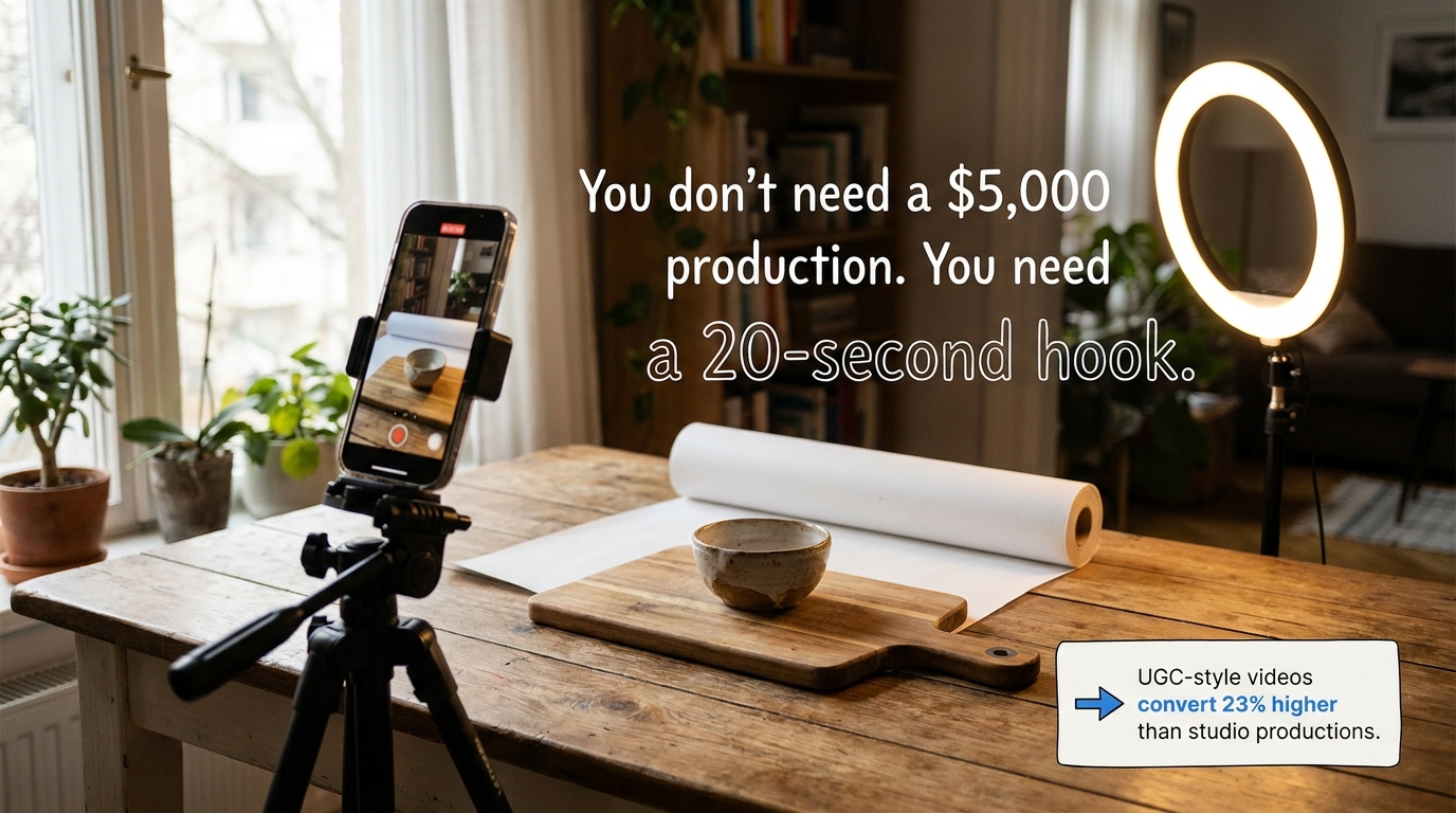 Smartphone filming product on simple home studio tabletop setup with text overlay reading you don't need a 5000 dollar production