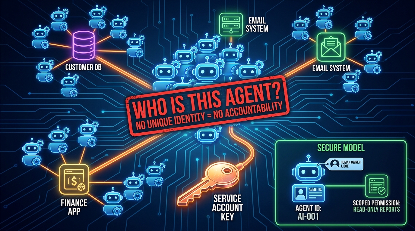 AI agent identity management problem — agents sharing credentials with no unique identity or accountability